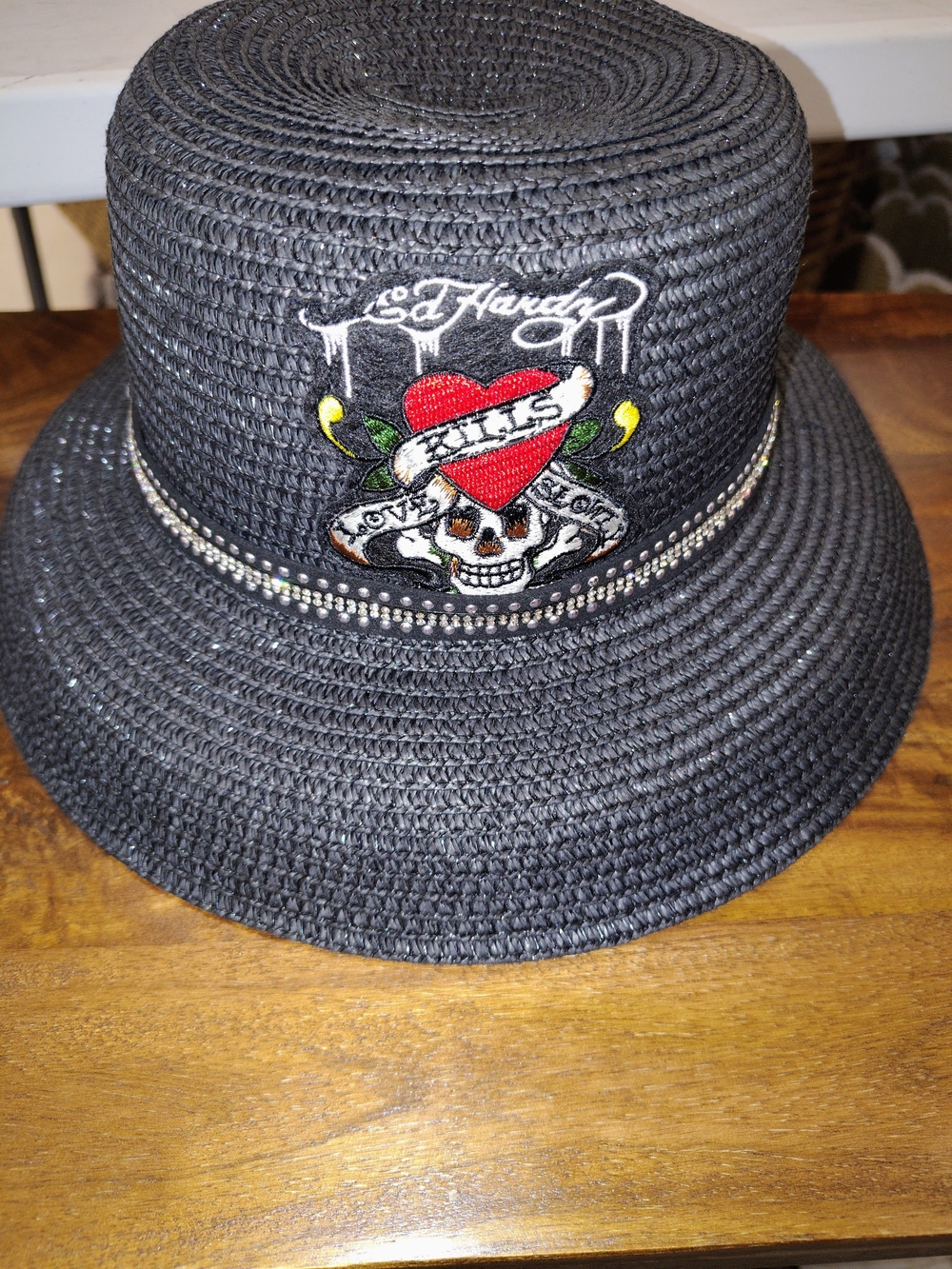 Ed Hardy Black Straw Bucket Hat with Red Heart Skull Patch and Rhinestone Band